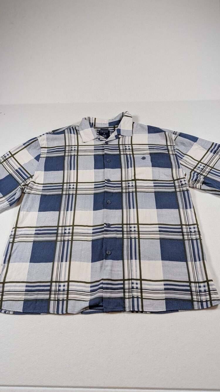 TRUST Button Down Shirt Size 4X Blue White Plaid Linen Blend